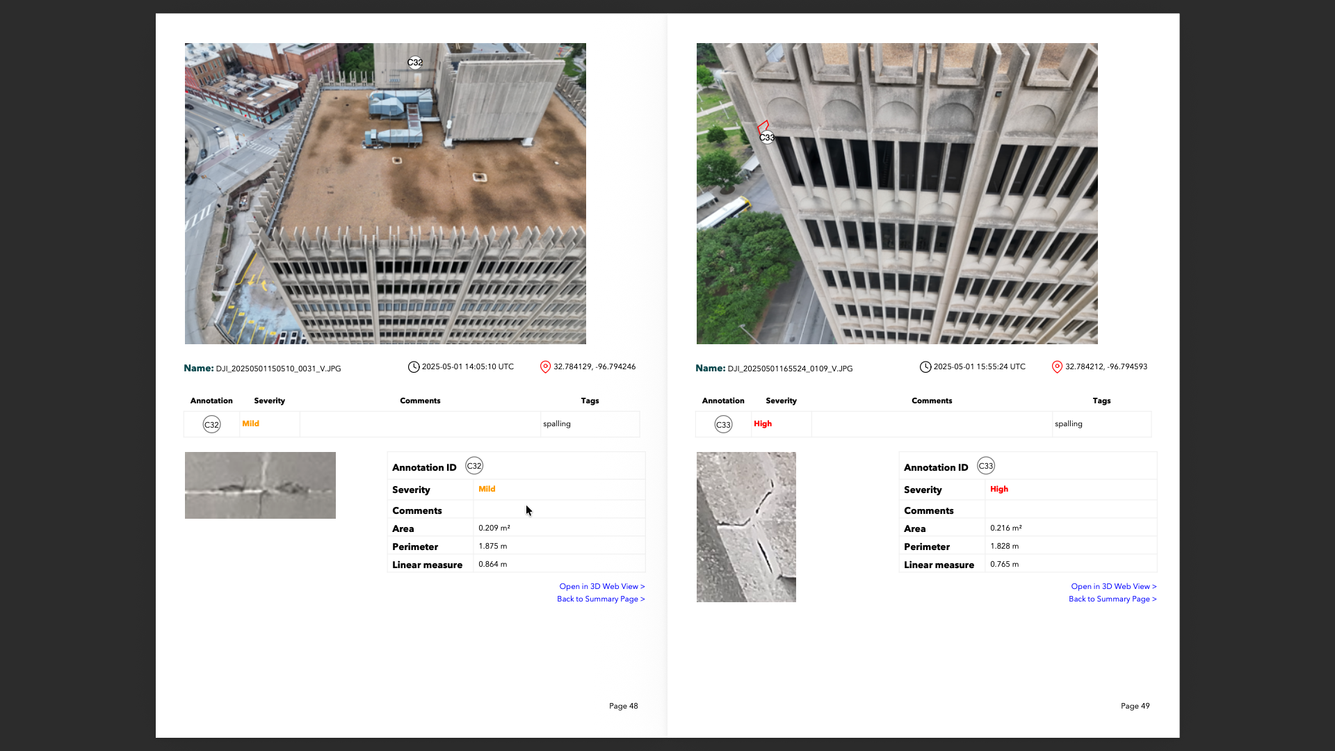 Annotated defect report from drone inspection
