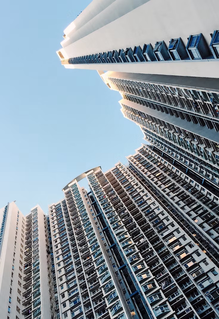 Tall residential towers viewed from below