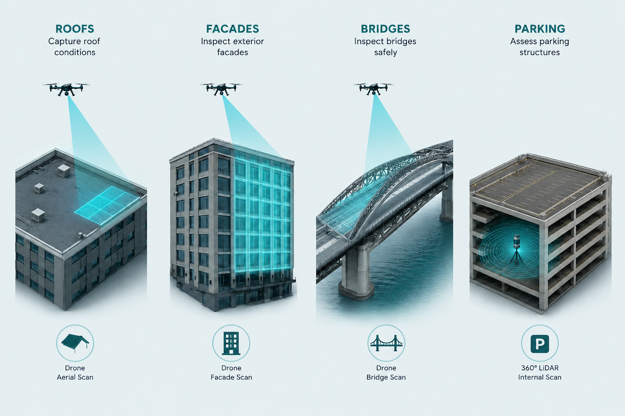 Aerial and interior scanning solutions for roofs, facades, bridges and parking structures