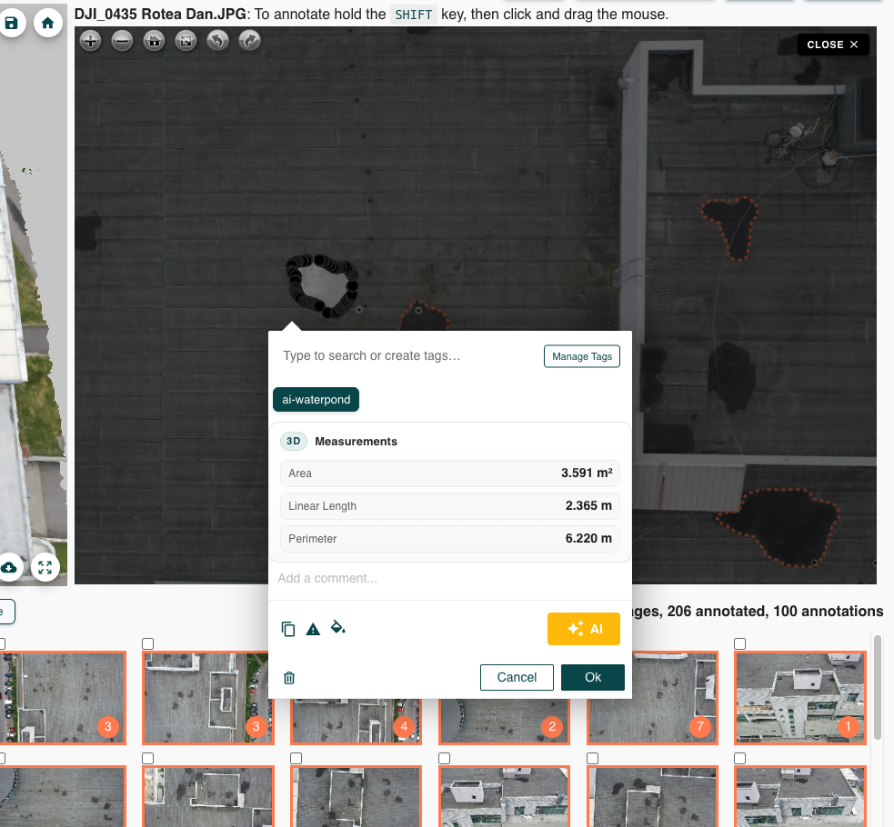 Hammer Missions annotation interface showing aerial roof imagery with AI waterpond detection, measurements panel, and image thumbnail gallery