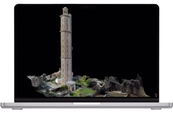 Laptop overlay showing 3D tower model