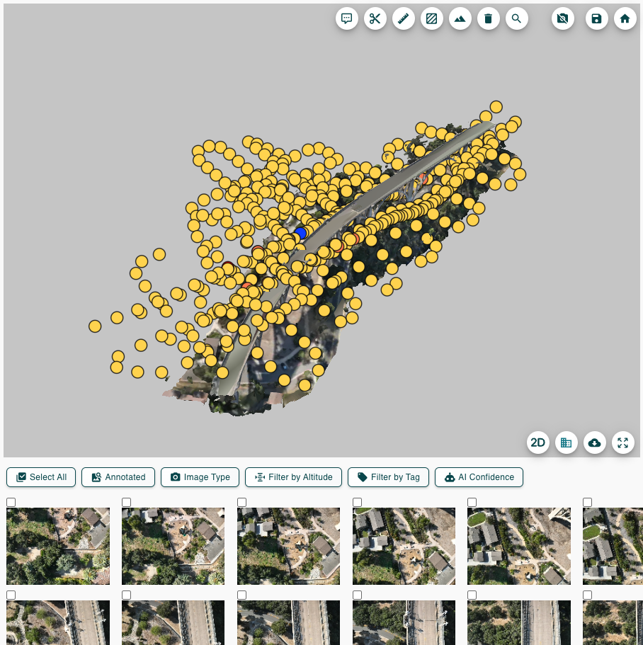 Bridge 3D flight project interface with image capture points and aerial view