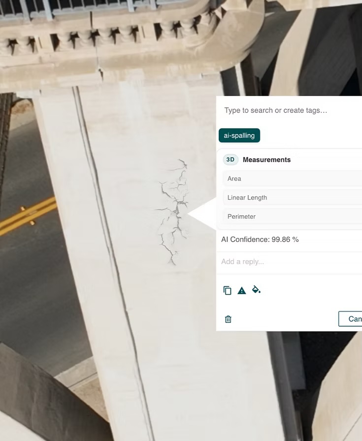 AI detecting spalling cracks on a bridge column with measurement tools