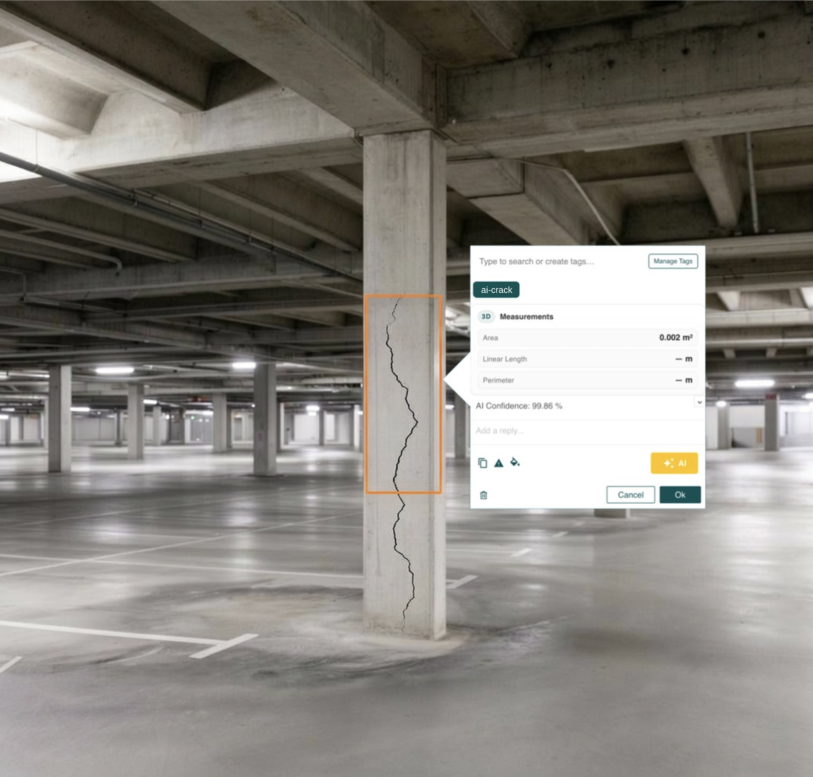 AI crack detection analysis in parking garage